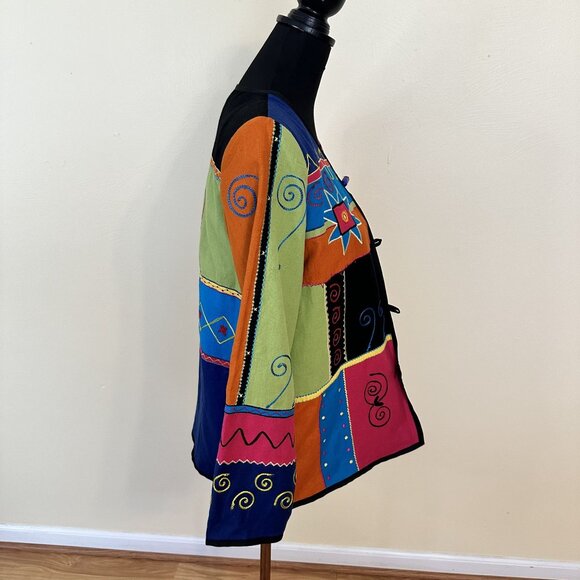 Womens Colorful Geometric Patchwork Jacket Button Up V Neck Long Sleeves Small - Picture 5 of 6